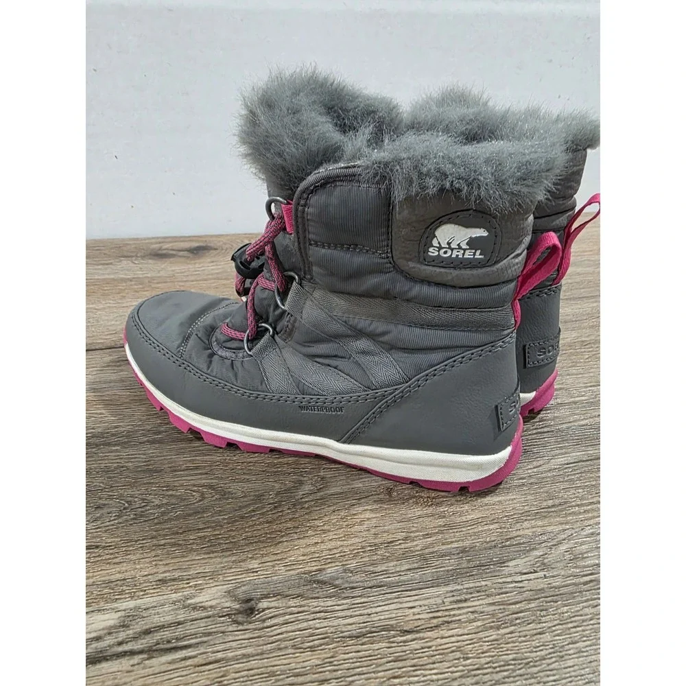 Sorel Youth Girls Pink Grey Whitney Nylon Snow Boots Faux Fur Lined Size 6
